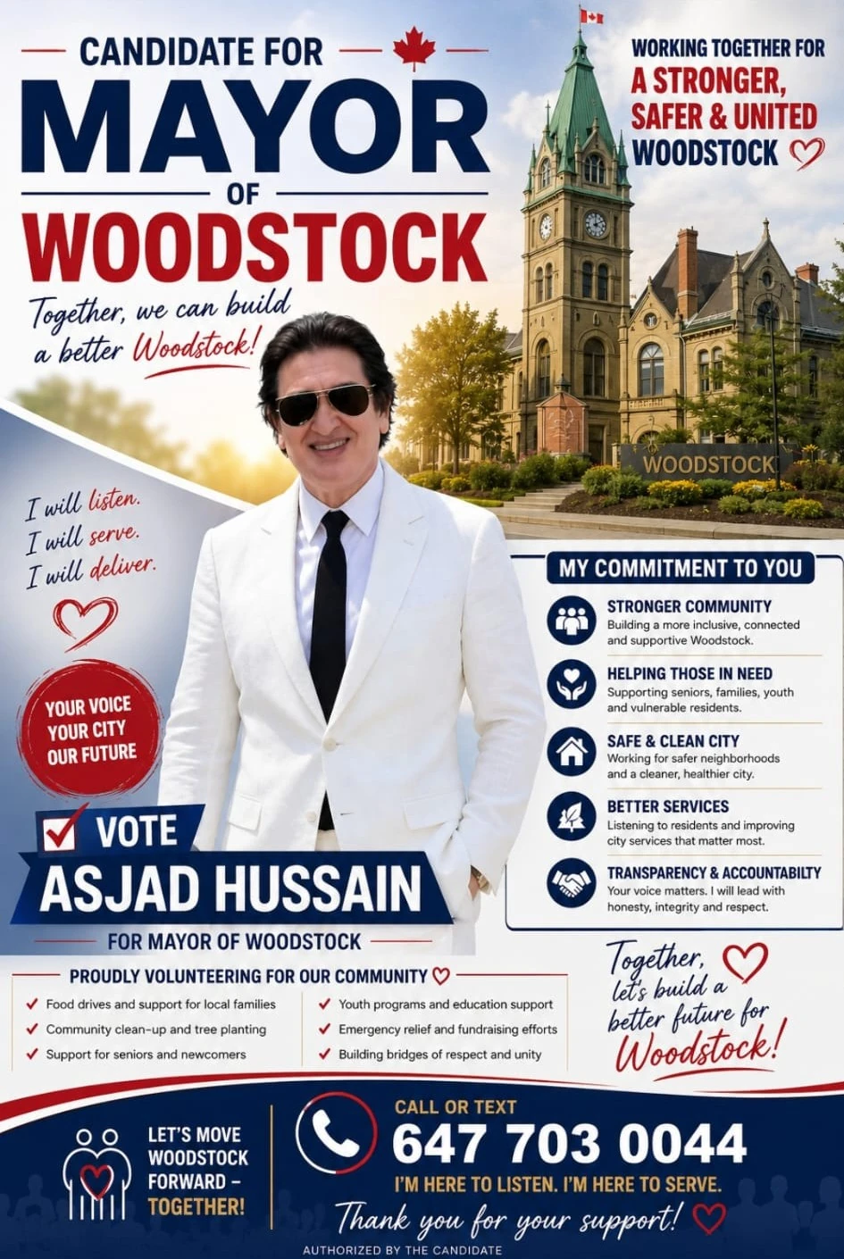 Campaign poster for Asjad Hussain, candidate for Mayor of Woodstock