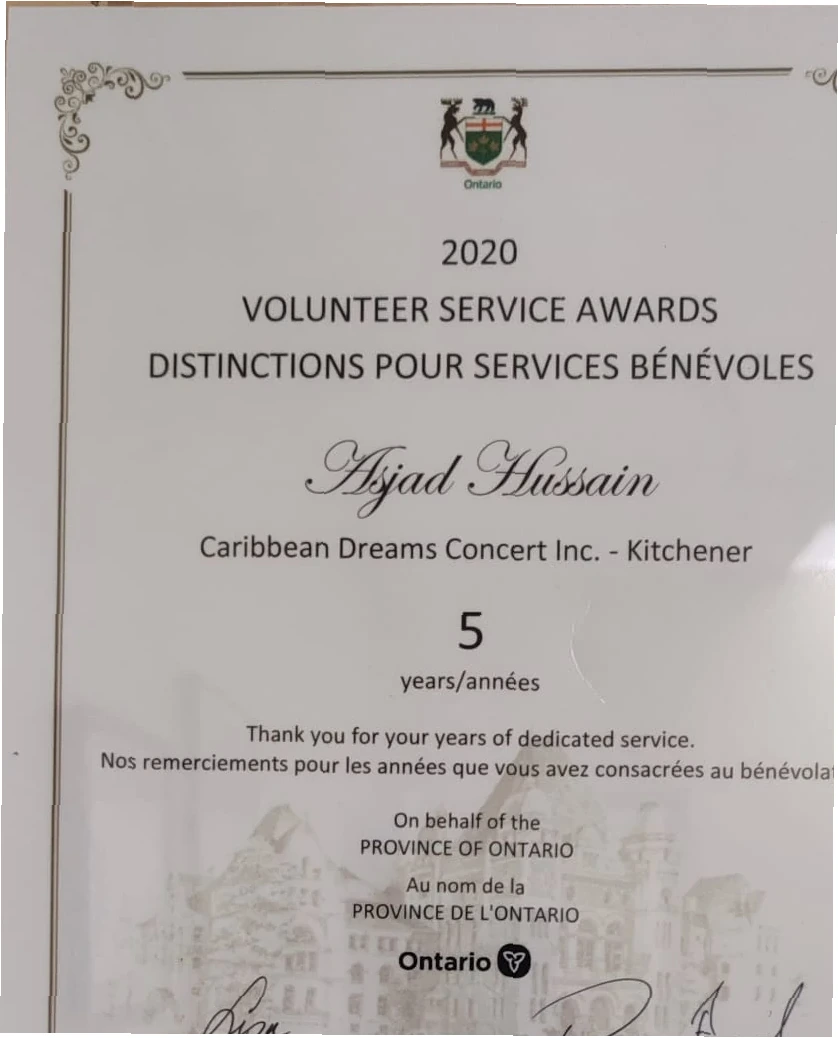 2020 Ontario Volunteer Service Award certificate for Asjad Hussain