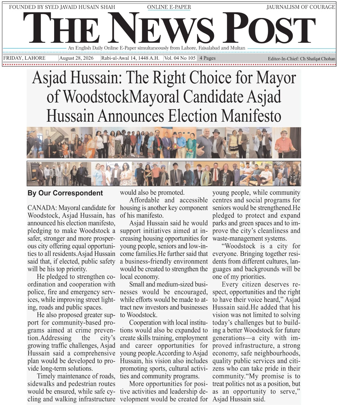 Newspaper coverage of Asjad Hussain's Woodstock mayoral campaign in The News Post