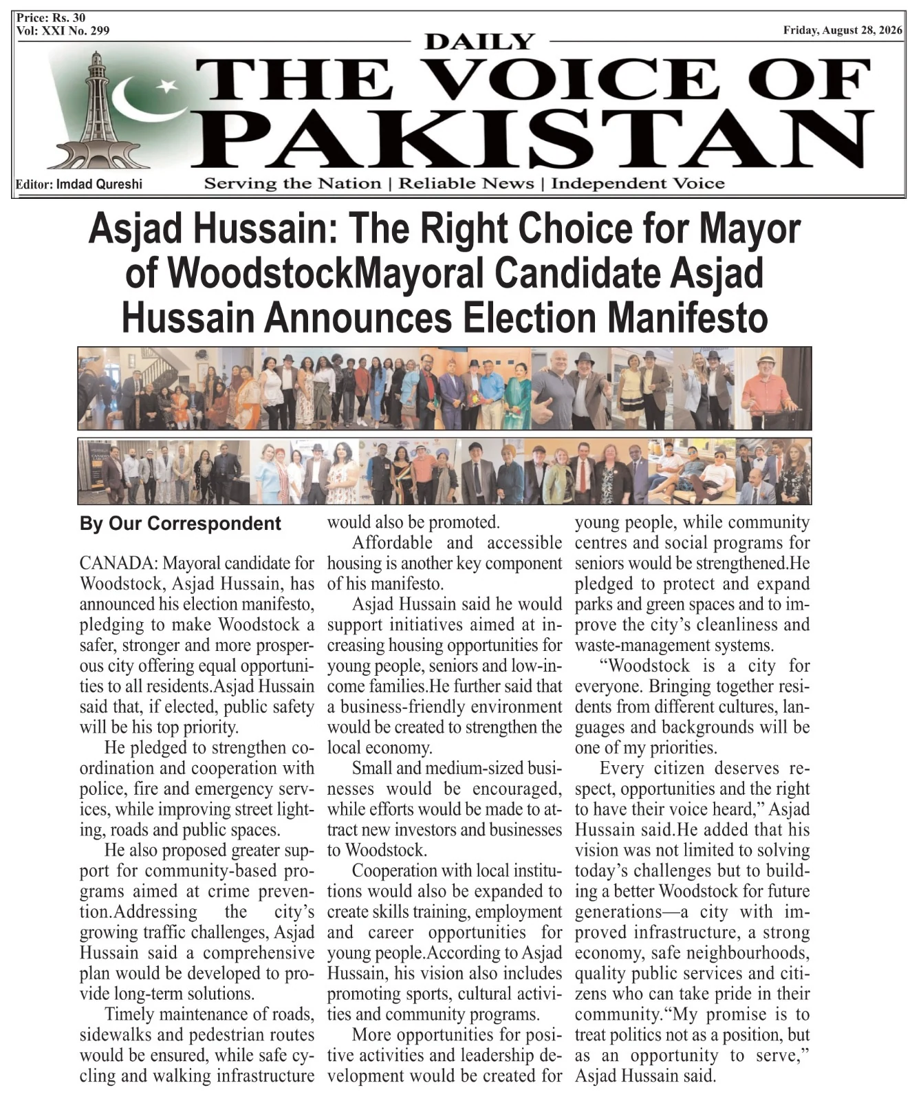 Newspaper coverage of Asjad Hussain's Woodstock mayoral campaign in The Voice of Pakistan